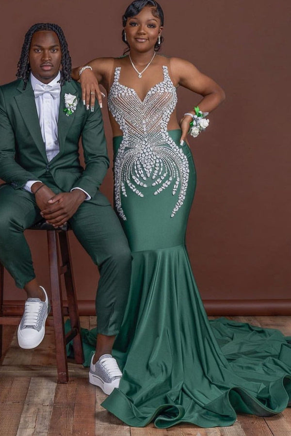 Dark Green Mermaid Floor length Prom Dresses with Silver Beads-Dbrbridal