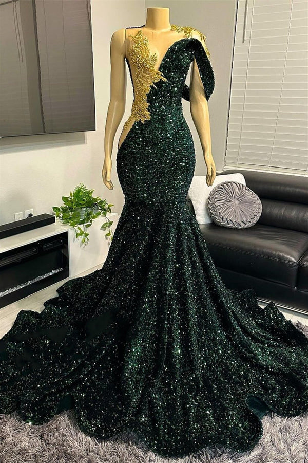 Dark Green Mermaid Prom Dress with Off-the-Shoulder Scoop Neckline and Sparkling Sequin Bead Detail-Dbrbridal