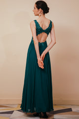 Dark Green V-Neck Backless Sleeveless Lace Evening Party Gowns-Dbrbridal