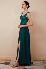 Dark Green V-Neck Backless Sleeveless Lace Evening Party Gowns-Dbrbridal