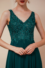 Dark Green V-Neck Backless Sleeveless Lace Evening Party Gowns-Dbrbridal