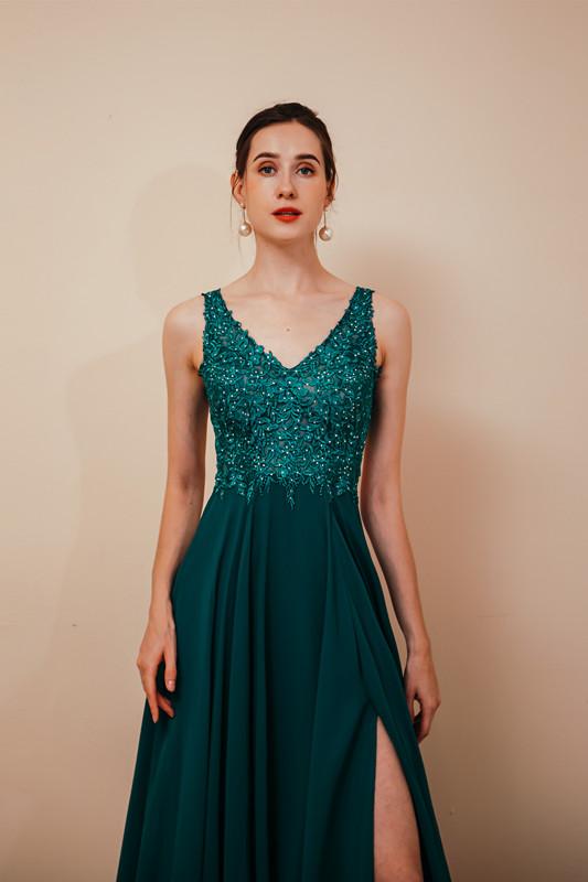 Dark Green V-Neck Backless Sleeveless Lace Evening Party Gowns-Dbrbridal