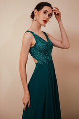 Dark Green V-Neck Backless Sleeveless Lace Evening Party Gowns-Dbrbridal