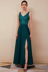 Dark Green V-Neck Backless Sleeveless Lace Evening Party Gowns-Dbrbridal