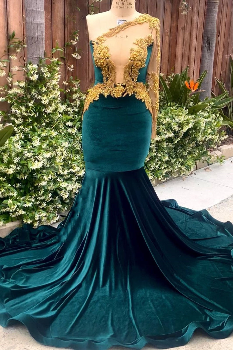 Dark Green Velvet One shoulder Mermaid Prom Dresses with Gold Appliques-Dbrbridal