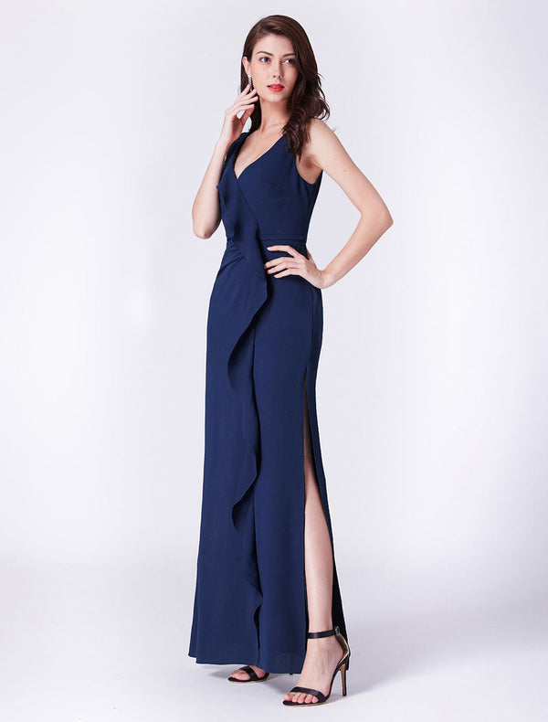 Dark Navy Prom Dress Chiffon Long Cascading Ruffles V-Neck Bridesmaid Dresses-Dbrbridal