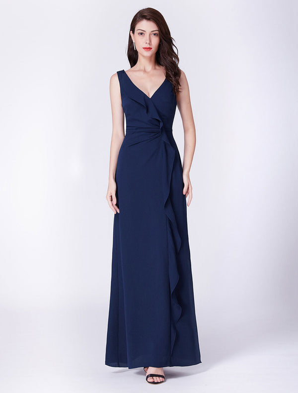 Dark Navy Prom Dress Chiffon Long Cascading Ruffles V-Neck Bridesmaid Dresses-Dbrbridal