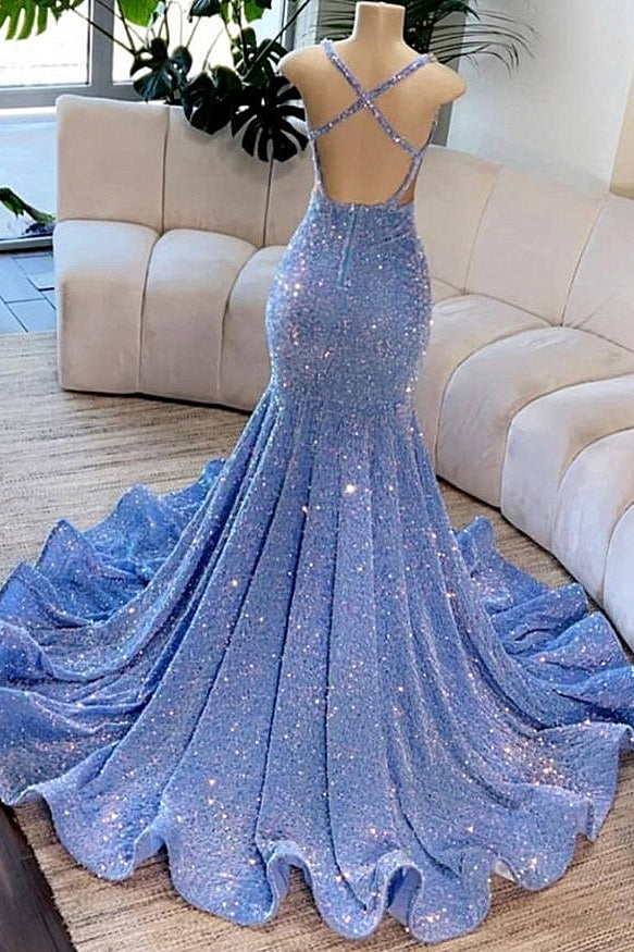 Deep V-Neck Mermaid Sequins Backless Prom Dress-Dbrbridal