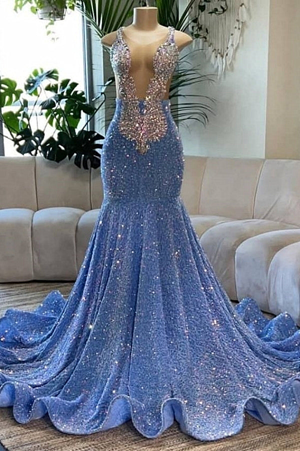 Deep V-Neck Mermaid Sequins Backless Prom Dress-Dbrbridal