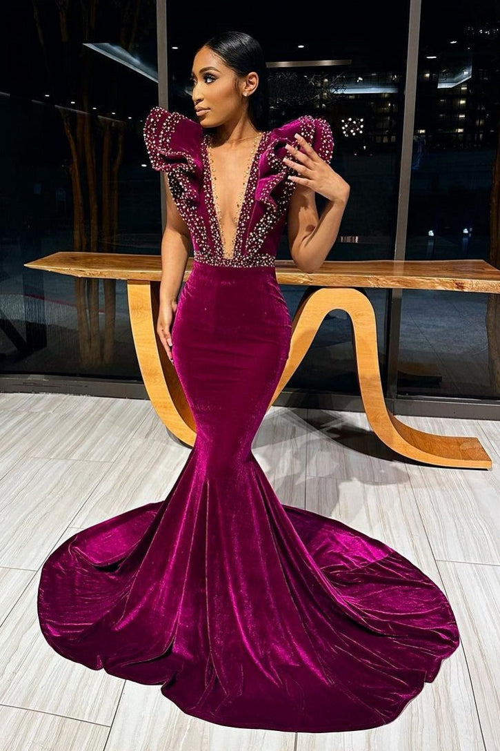 Deep V-Neck Mermaid Sweep Train Beading Prom Dress-Dbrbridal