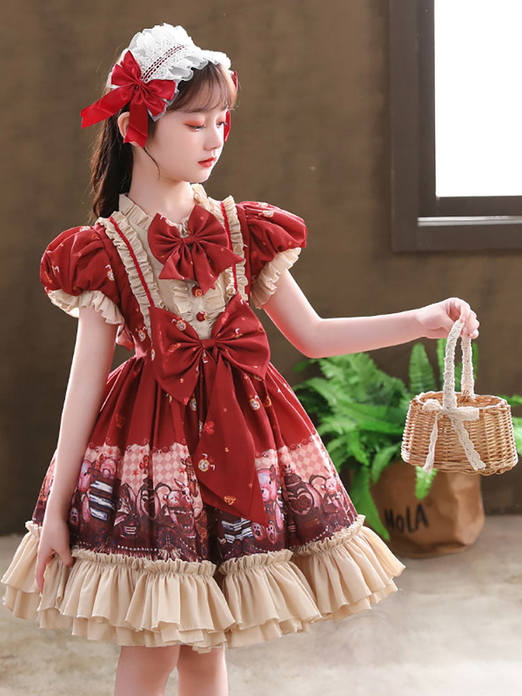 Designed Neckline Tulle Short Sleeves Short A-Line Bows Red Kids Party Dresses-Dbrbridal