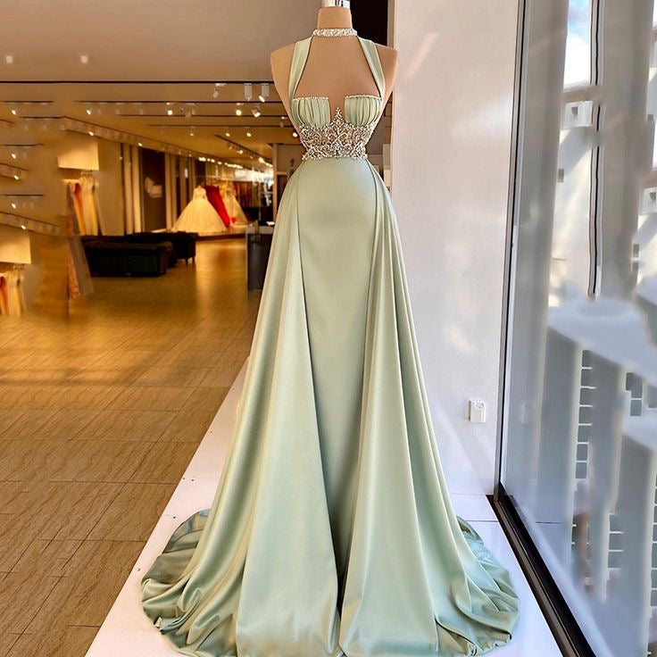 Dusty Sage Beaded Halter Prom Dress with Long Overskirt-Dbrbridal