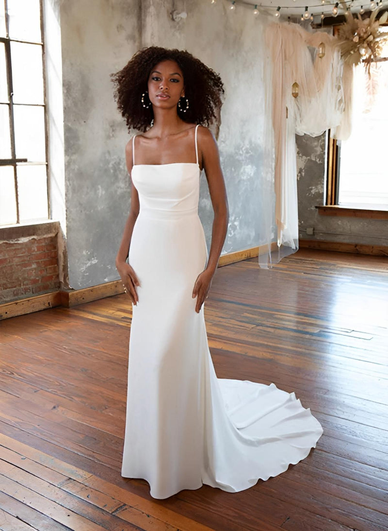 Elastic Satin Mermaid Fitted Sleeveless Court Train Wedding Dresses-Dbrbridal