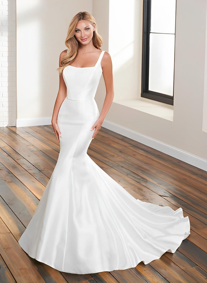 Elastic Satin Mermaid Fitted Wedding Dresses Lace Sleeveless Court Train Square Neckline-Dbrbridal