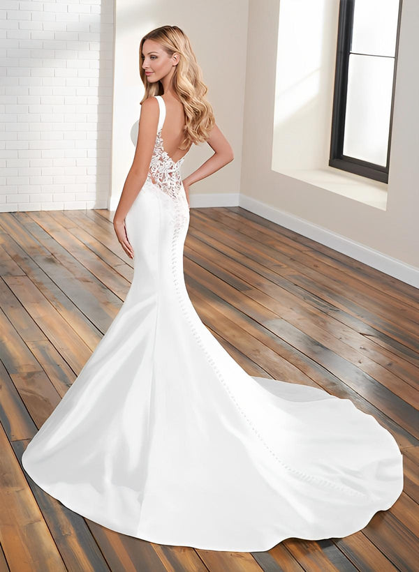 Elastic Satin Mermaid Fitted Wedding Dresses Lace Sleeveless Court Train Square Neckline-Dbrbridal