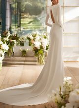 Elastic Satin Mermaid Fitted Wedding Dresses Long Sleeves Court Train-Dbrbridal