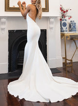 Elastic Satin Mermaid Fitted Wedding Dresses V-Neck Split Front-Dbrbridal