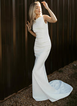 Elastic Satin Sleeveless Sweep Train Mermaid Fitted Scoop Neck Wedding Dresses-Dbrbridal