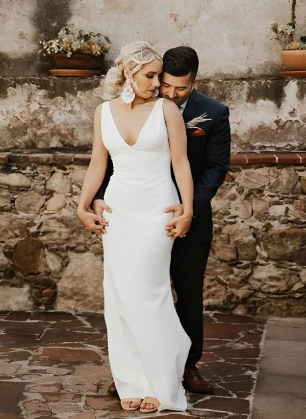 Elastic Satin V-Neck Open Back Mermaid Fitted Wedding Dress-Dbrbridal