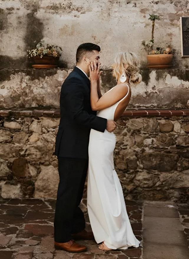 Elastic Satin V-Neck Open Back Mermaid Fitted Wedding Dress-Dbrbridal