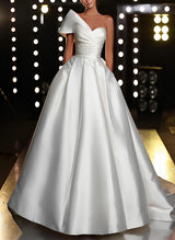 Elastic Satin Wedding Dress Chic A-line One-Shoulder Sleeveless Sweep Train-Dbrbridal