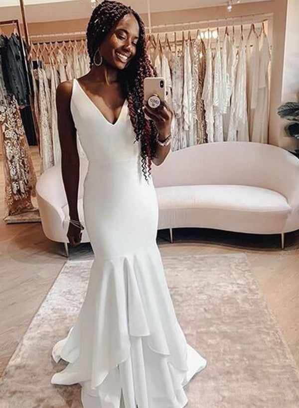 Elastic Satin Wedding Dresses Cascading Ruffles-Dbrbridal