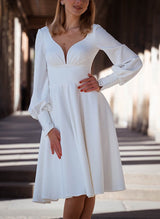 Elastic Satin Wedding Dresses Chic A-line V-Neck Long Sleeves in Little White-Dbrbridal