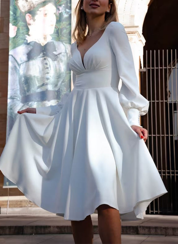 Elastic Satin Wedding Dresses Chic A-line V-Neck Long Sleeves in Little White-Dbrbridal