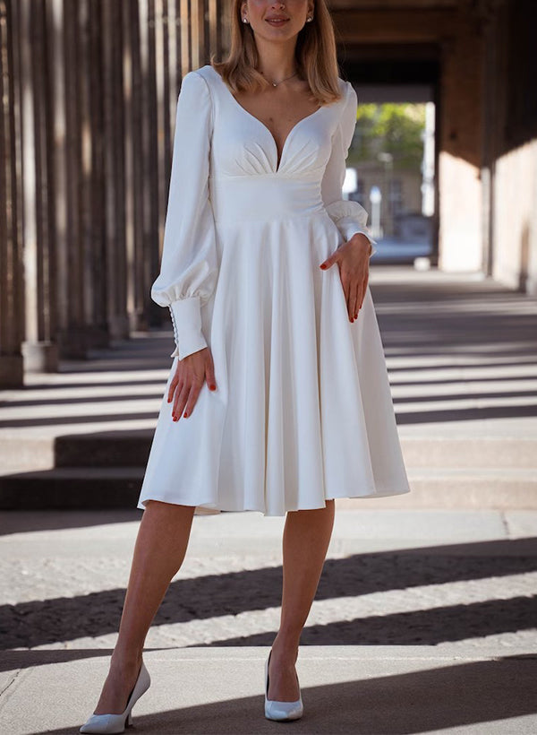 Elastic Satin Wedding Dresses Chic A-line V-Neck Long Sleeves in Little White-Dbrbridal