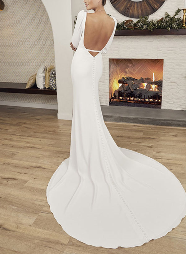 Elastic Satin Wedding Dresses Mermaid Fitted Square Neckline Long Sleeves-Dbrbridal