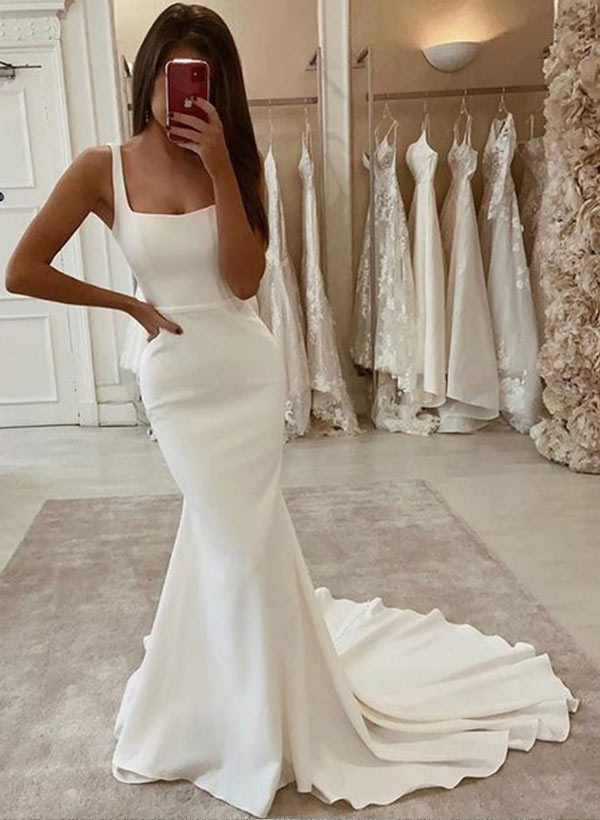 Elastic Satin Wedding Dresses Mermaid Fitted Square Neckline Sleeveless-Dbrbridal