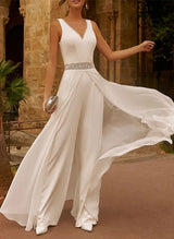 Elegant Chiffon Lace Wedding Dresses Lace Jumpsuit Pantsuit V-neck Sleeveless-Dbrbridal