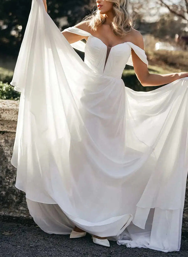 Elegant Chiffon Wedding Dresses Chic A-line Off-The-Shoulder Sleeveless-Dbrbridal