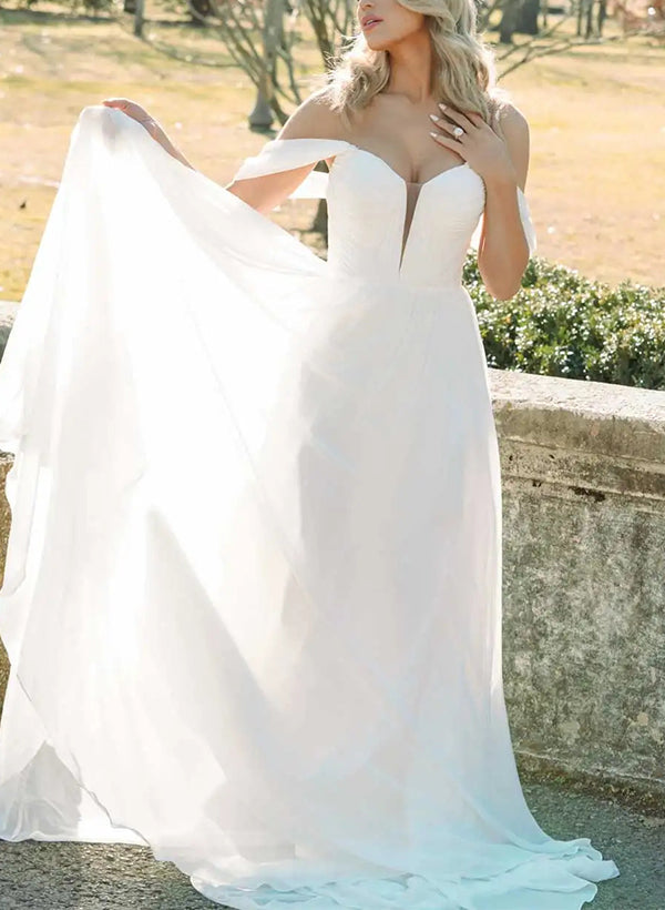 Elegant Chiffon Wedding Dresses Chic A-line Off-The-Shoulder Sleeveless-Dbrbridal