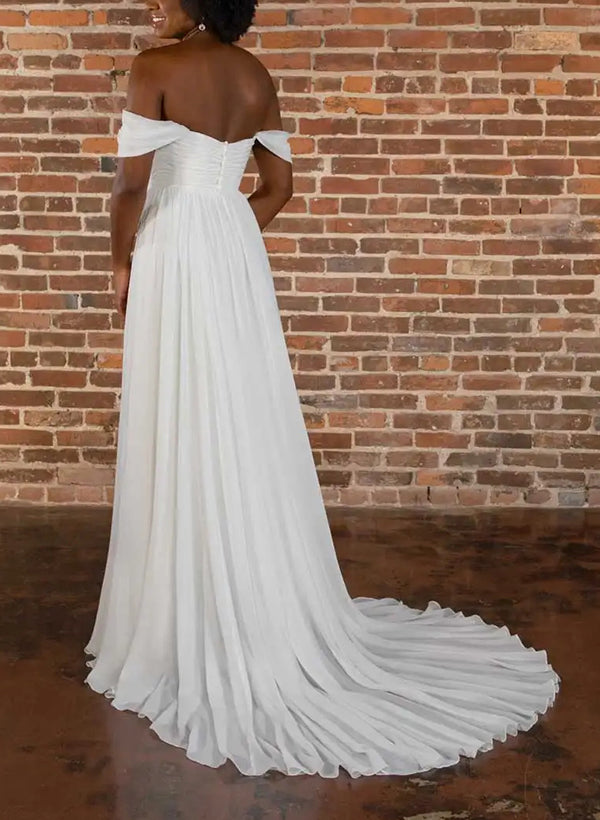 Elegant Chiffon Wedding Dresses Chic A-line Off-The-Shoulder Sleeveless-Dbrbridal