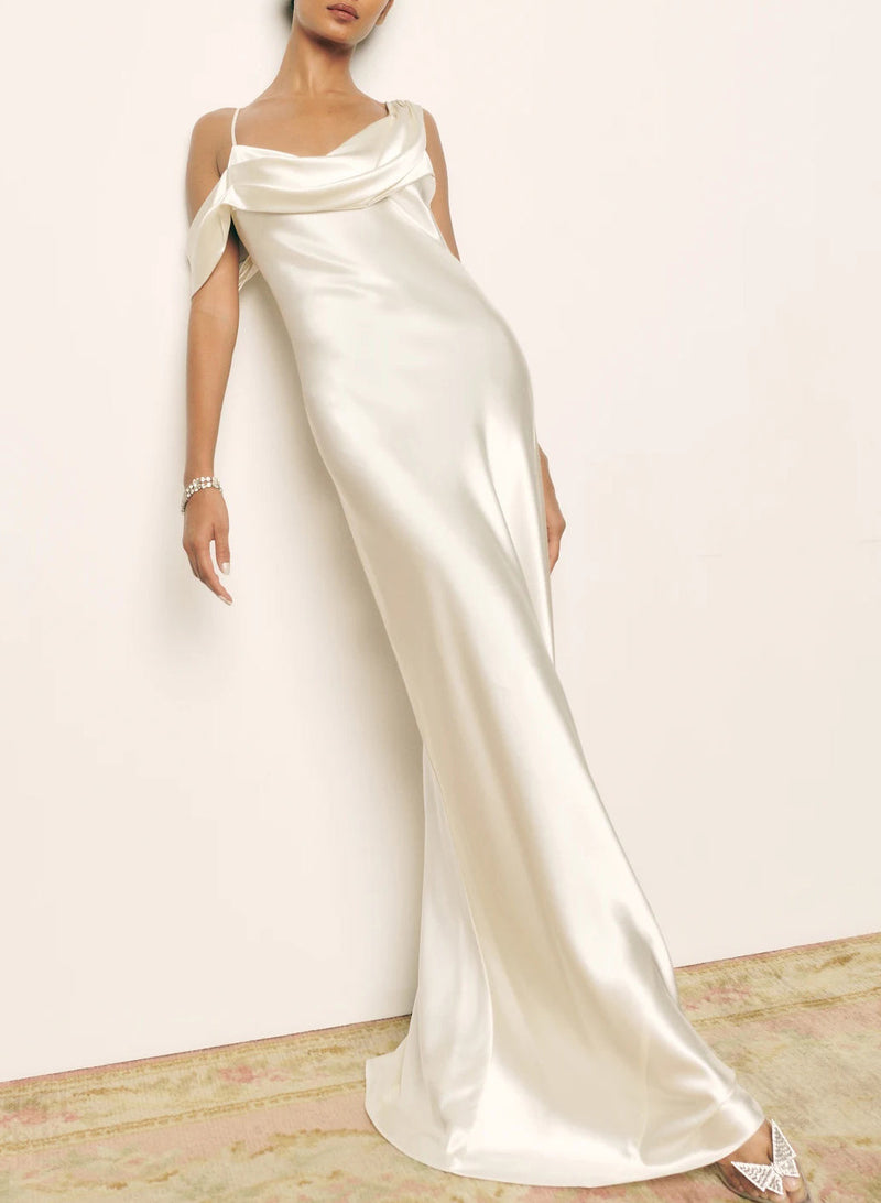 Elegant Cowl Neck Silk Like Satin Sheath Fitted Wedding Dresses-Dbrbridal