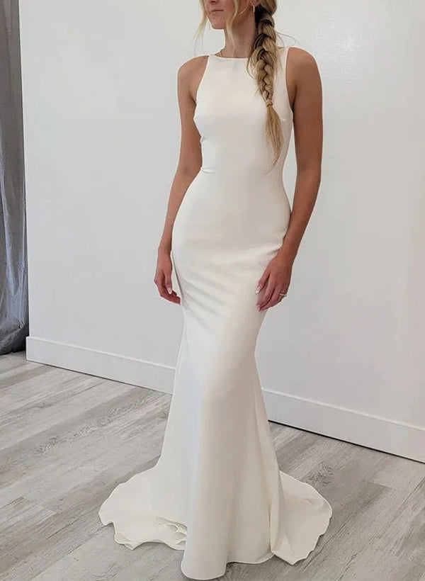 Elegant Elastic Satin Wedding Dresses Backless Scoop Neck-Dbrbridal