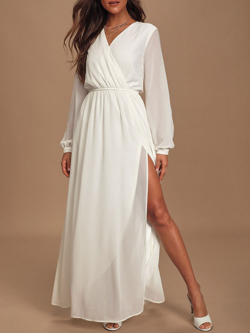 Elegant Engagement Dress V Neck Long Sleeves Natural Waist Floor Length A Line Chiffon Engagement Dress-Dbrbridal