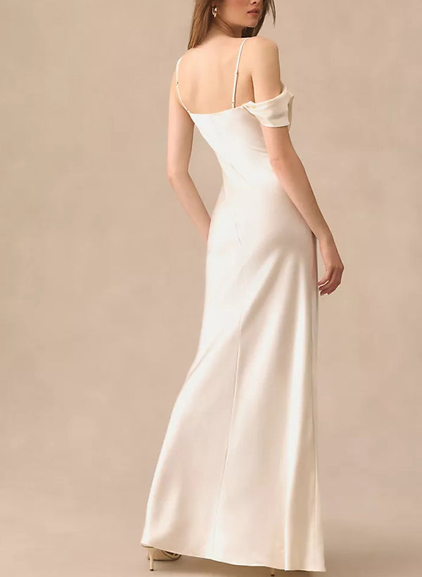 Elegant Floor-Length Satin Wedding Dresses Sheath Fitted Silhouette Cowl Neck Sleeveless Design-Dbrbridal