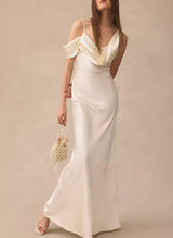 Elegant Floor-Length Satin Wedding Dresses Sheath Fitted Silhouette Cowl Neck Sleeveless Design-Dbrbridal