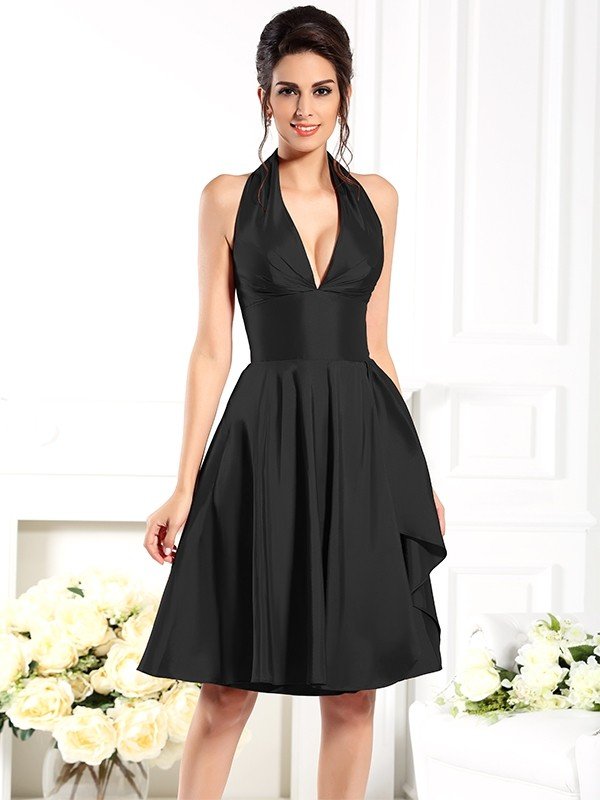 Elegant Halter Sleeveless Short Taffeta Bridesmaid Dresses-Dbrbridal