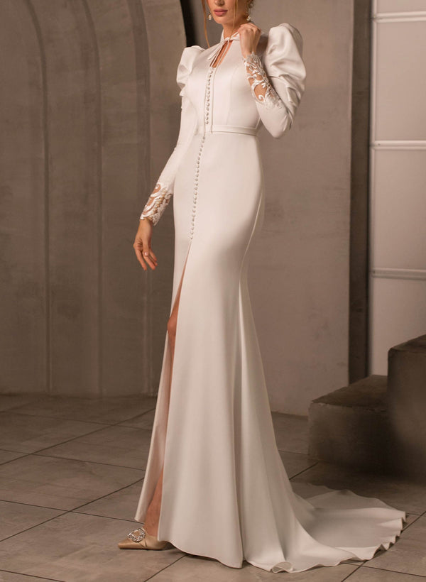 Elegant High Neck Long Sleeves Lace Back Wedding Dresses-Dbrbridal