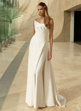 Elegant Ivory Elastic Satin Wedding Dresses Chic A-line Strapless Sweep Train-Dbrbridal