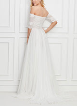 Elegant Lace Tulle Wedding Dress Chic A-line Elegant Sweetheart Neckline Half Sleeves-Dbrbridal