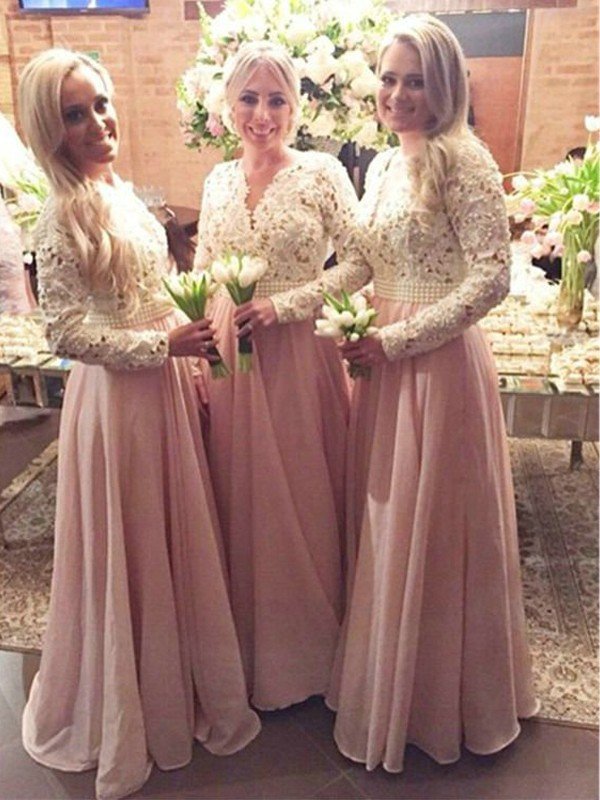 Elegant Long Sleeves V-neck Lace Chiffon Bridesmaid Dresses-Dbrbridal