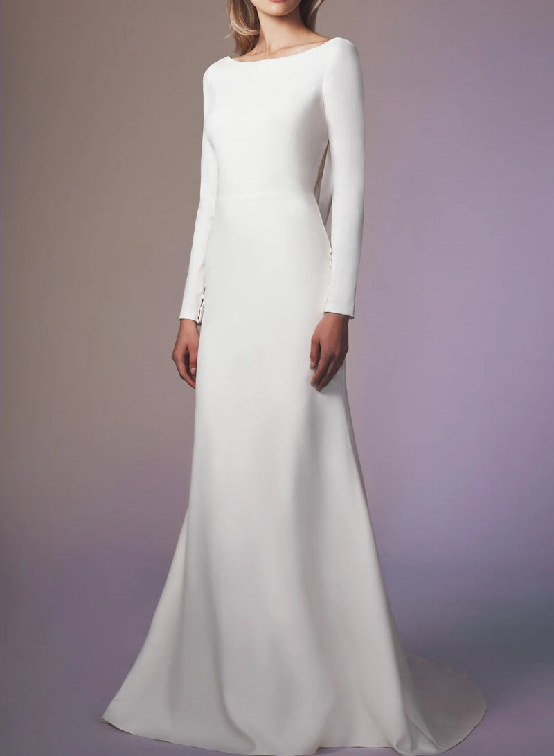 Elegant Long Sleeves Wedding Dresses Mermaid Fitted Elastic Satin Cowl Back-Dbrbridal