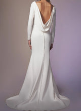 Elegant Long Sleeves Wedding Dresses Mermaid Fitted Elastic Satin Cowl Back-Dbrbridal