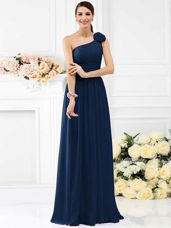 Elegant One Shoulder Pleats Hand-Made Flower Sleeveless Long Chiffon Bridesmaid Dresses-Dbrbridal