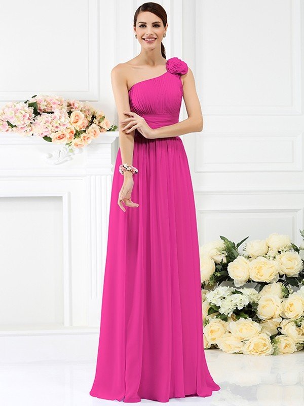 Elegant One Shoulder Pleats Hand-Made Flower Sleeveless Long Chiffon Bridesmaid Dresses-Dbrbridal