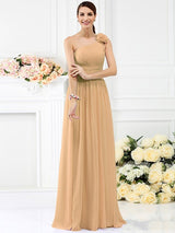 Elegant One Shoulder Pleats Hand-Made Flower Sleeveless Long Chiffon Bridesmaid Dresses-Dbrbridal